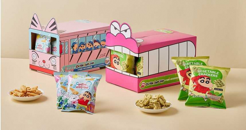 蠟筆小新派對箱一共推出「娃娃車玉米餅派對箱 16包入」及「鱷魚山先生蔬菜格子餅派對箱 10包入」這兩款。（圖／SUNFRIEND MOUTH提供）